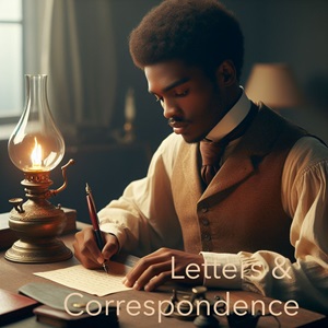 Young African American man sitting at a desk in circa 1910 clothing composes a letter by oil lamp light.